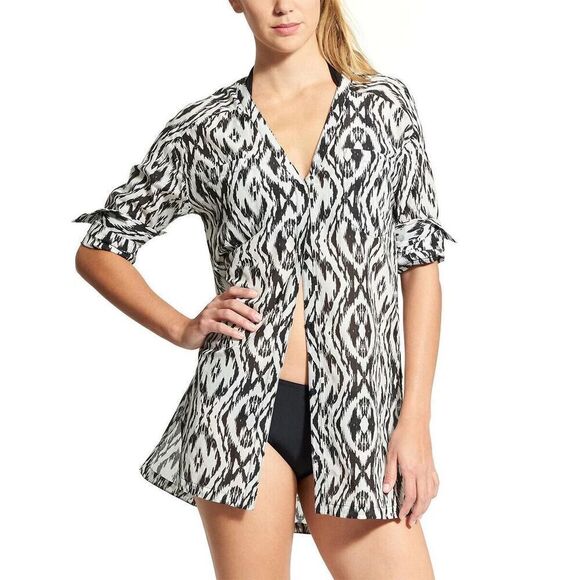 NWOT Athleta Silk Blend Black & White IKAT Button Up Shirt Women's Medium - Picture 1 of 10